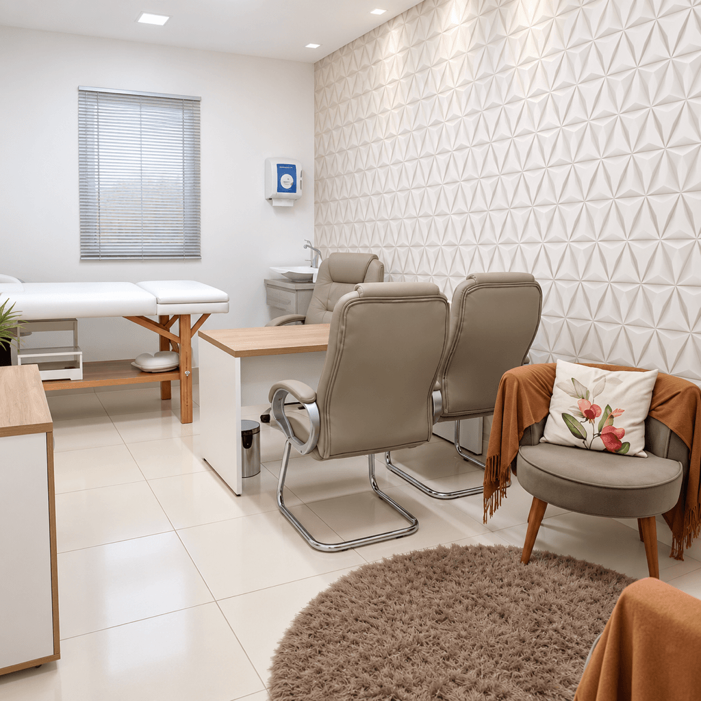 Consultório com maca, poltronas e parede 3D branca